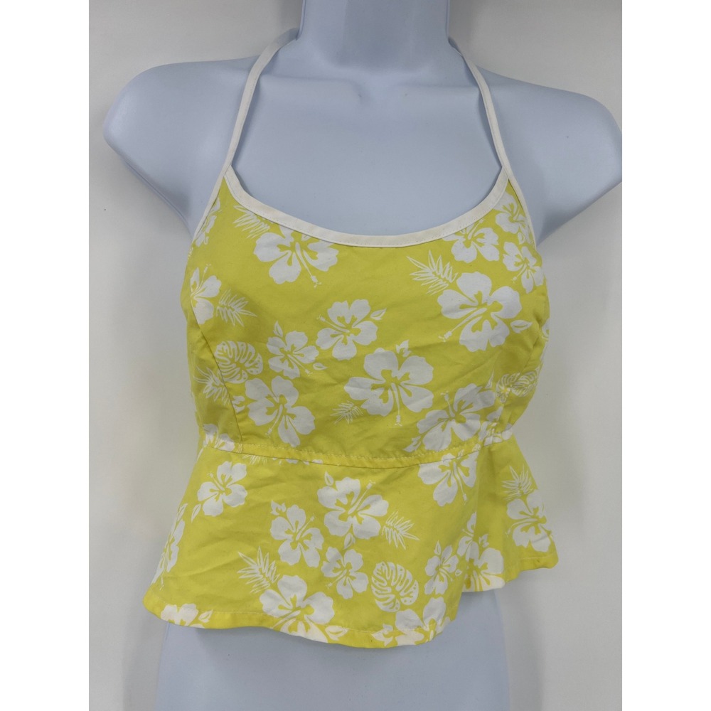 Delias Dolls Kill Medium Yellow White Tropical Hibiscus Halter Peplum Top Y2K